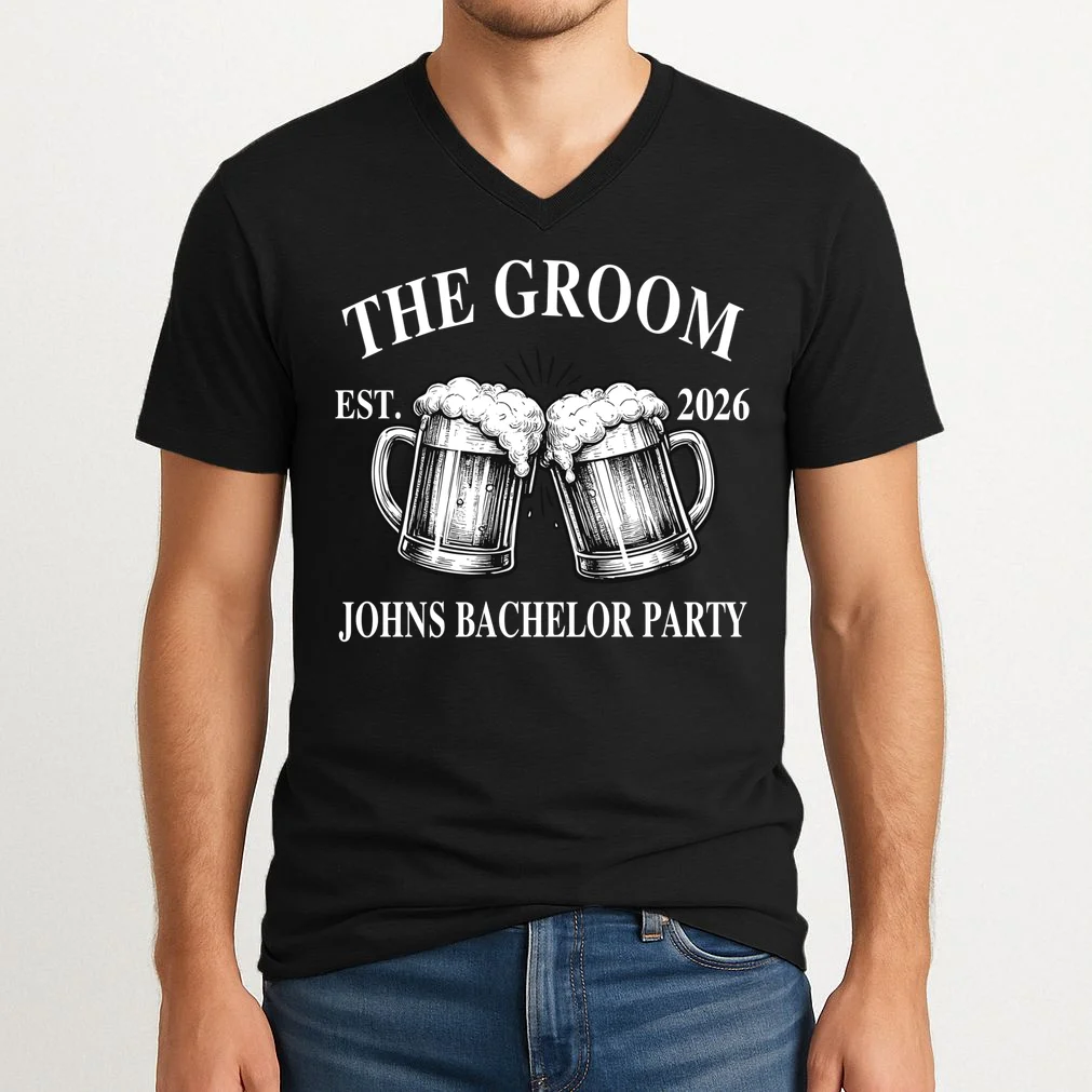 Custom Bachelor Party Beer Mug Personalized V-Neck T-Shirt - Front 1