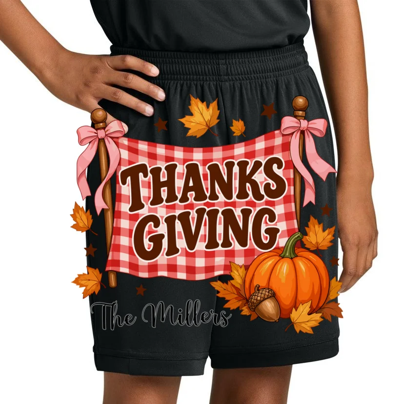 Thanksgiving Gingham Banner Personalized Family Name Gift - Rustic Pumpkin & Autumn Family Custom Design Kids Shorts - Front 1