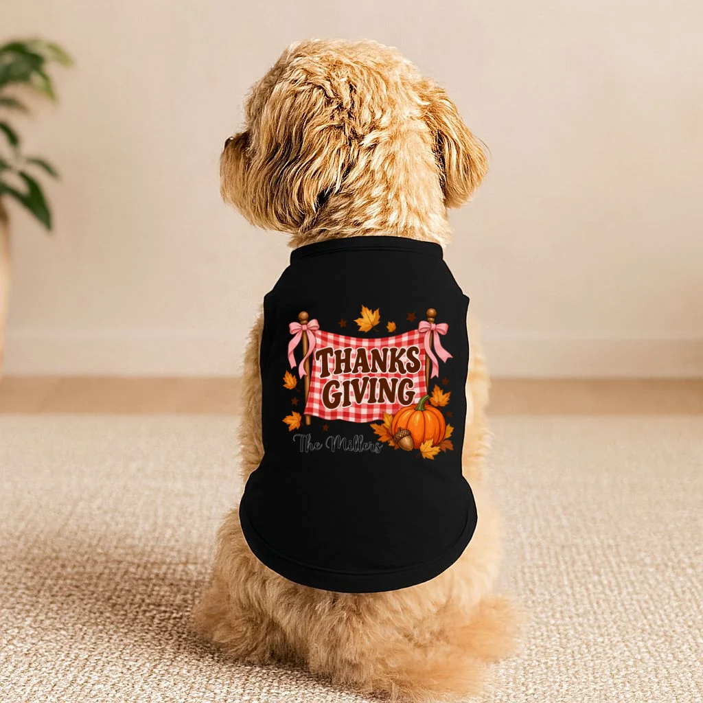 Thanksgiving Gingham Banner Personalized Family Name Gift - Rustic Pumpkin & Autumn Family Custom Design Doggie Tank - Front 1
