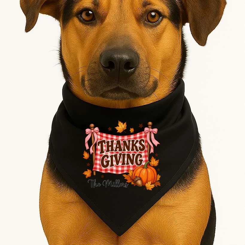 Thanksgiving Gingham Banner Personalized Family Name Gift - Rustic Pumpkin & Autumn Family Custom Design Dog Bandana - Front 1