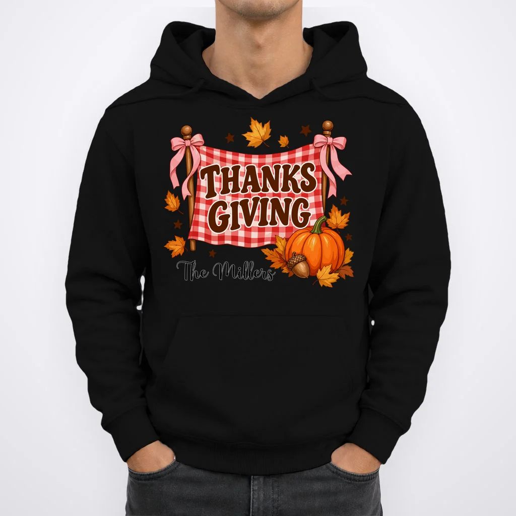Thanksgiving Gingham Banner Personalized Family Name Gift - Rustic Pumpkin & Autumn Family Custom Design Men's Hoodie - Front 1