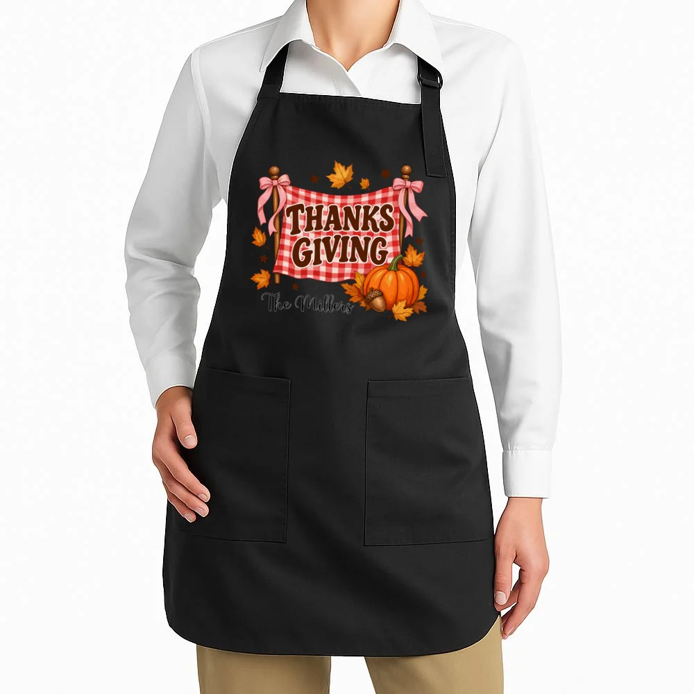 Thanksgiving Gingham Banner Personalized Family Name Gift - Rustic Pumpkin & Autumn Family Custom Design Apron - Front 1