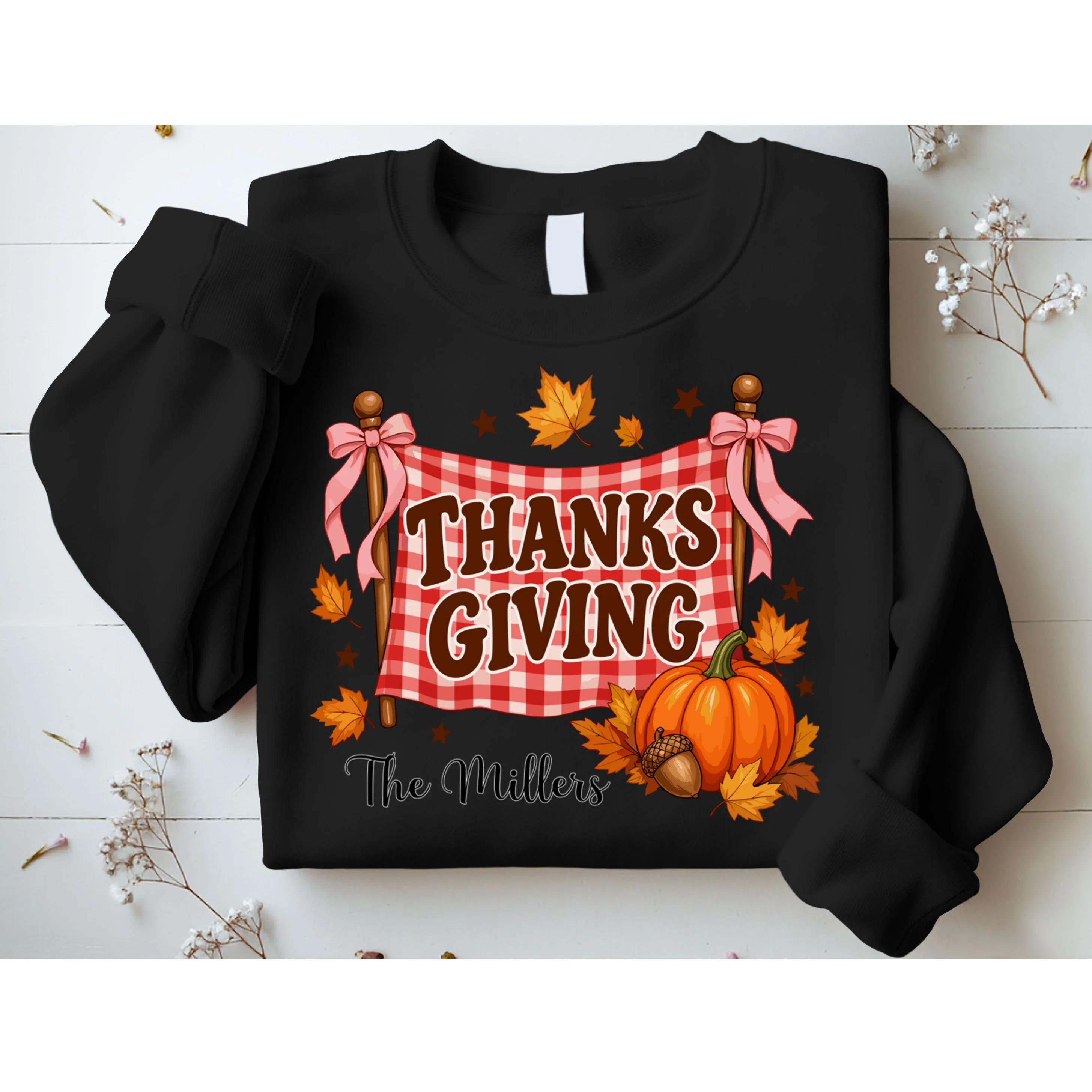 Thanksgiving Gingham Banner Personalized Family Name Gift - Rustic Pumpkin & Autumn Family Custom Design Men's Sweatshirt - Front 1