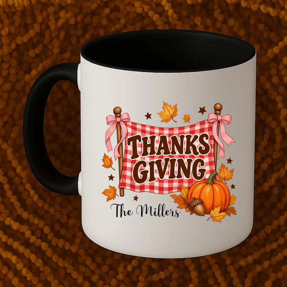 Thanksgiving Gingham Banner Personalized Family Name Gift - Rustic Pumpkin & Autumn Family Custom Design Mug - Front 1