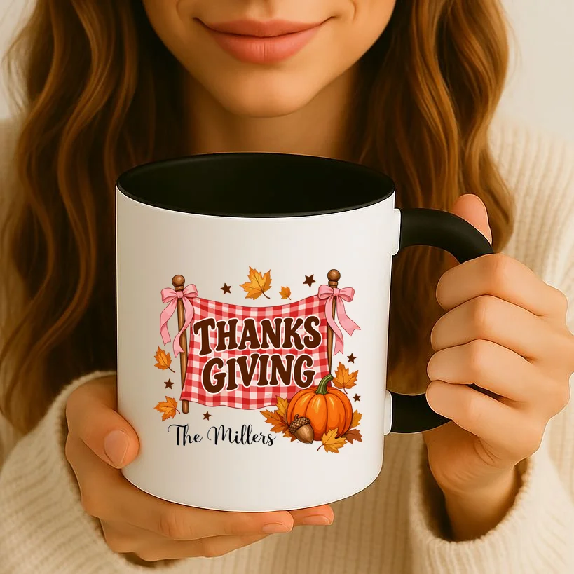 Thanksgiving Gingham Banner Personalized Family Name Gift - Rustic Pumpkin & Autumn Family Custom Design Mug - Front 2
