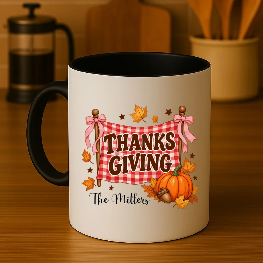 Thanksgiving Gingham Banner Personalized Family Name Gift - Rustic Pumpkin & Autumn Family Custom Design Mug - Front 3