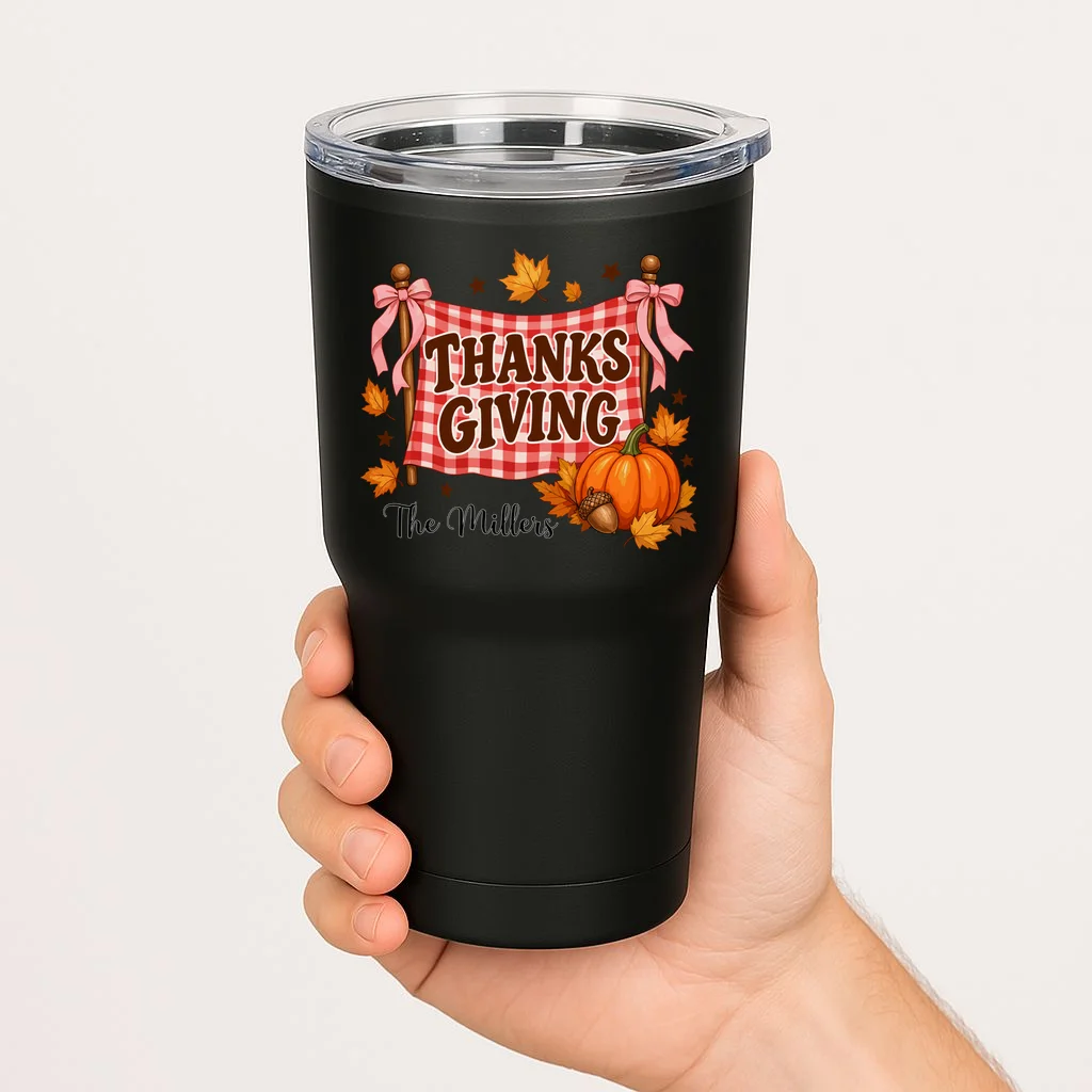 Thanksgiving Gingham Banner Personalized Family Name Gift - Rustic Pumpkin & Autumn Family Custom Design 20oz Tumbler - Front 1