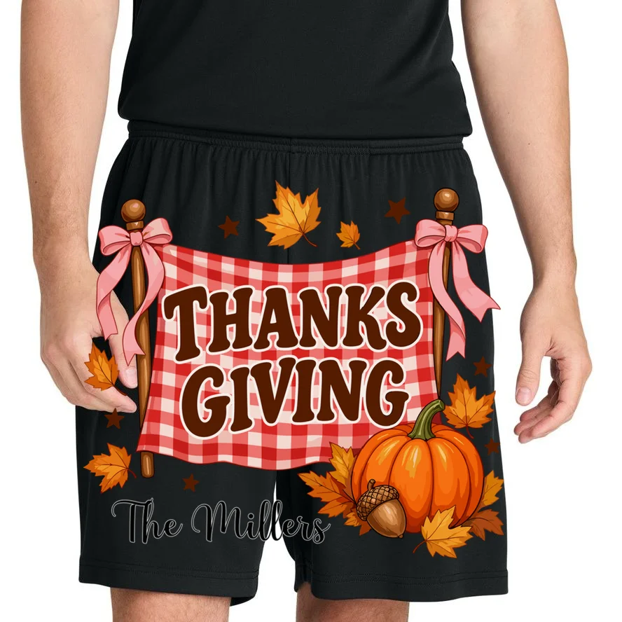 Thanksgiving Gingham Banner Personalized Family Name Gift - Rustic Pumpkin & Autumn Family Custom Design Men's Shorts - Front 1