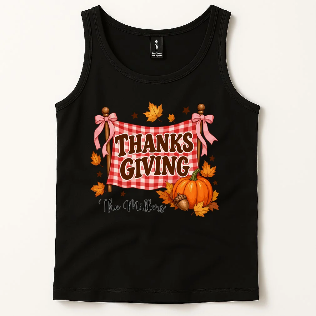 Thanksgiving Gingham Banner Personalized Family Name Gift - Rustic Pumpkin & Autumn Family Custom Design Men's Tank Top - Front 1