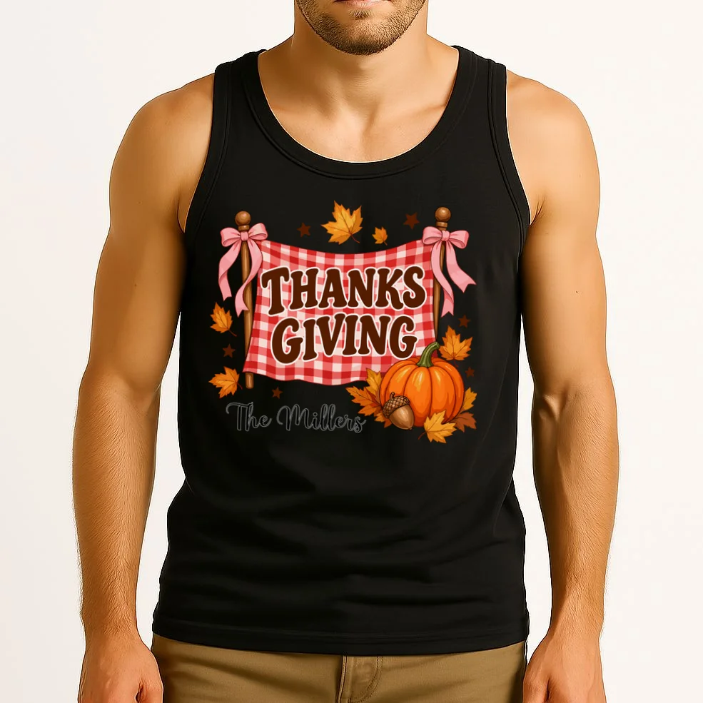 Thanksgiving Gingham Banner Personalized Family Name Gift - Rustic Pumpkin & Autumn Family Custom Design Men's Tank Top - Front 2