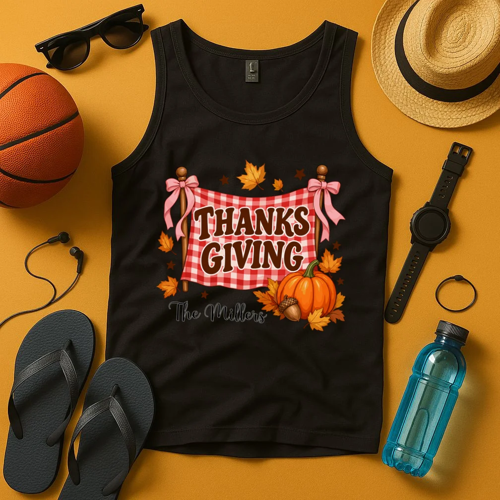 Thanksgiving Gingham Banner Personalized Family Name Gift - Rustic Pumpkin & Autumn Family Custom Design Men's Tank Top - Front 3