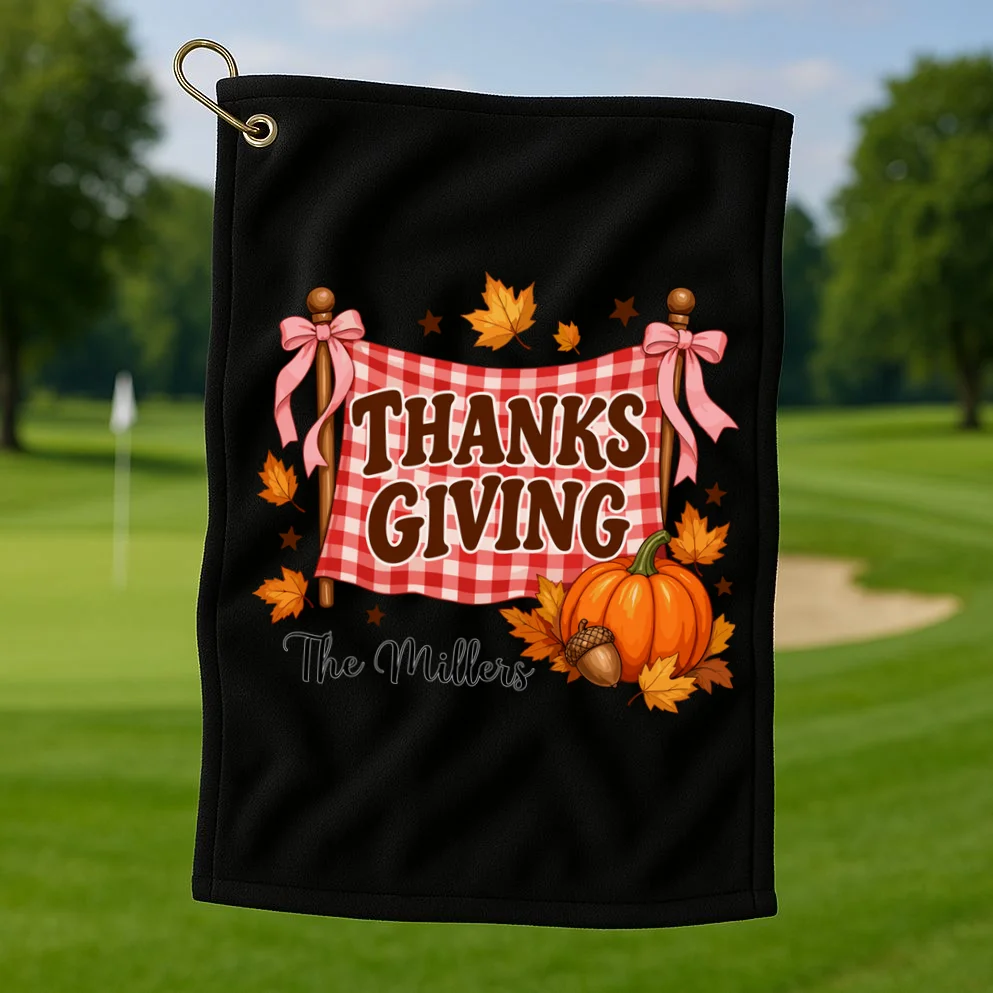 Thanksgiving Gingham Banner Personalized Family Name Gift - Rustic Pumpkin & Autumn Family Custom Design Golf Towel - Front 1