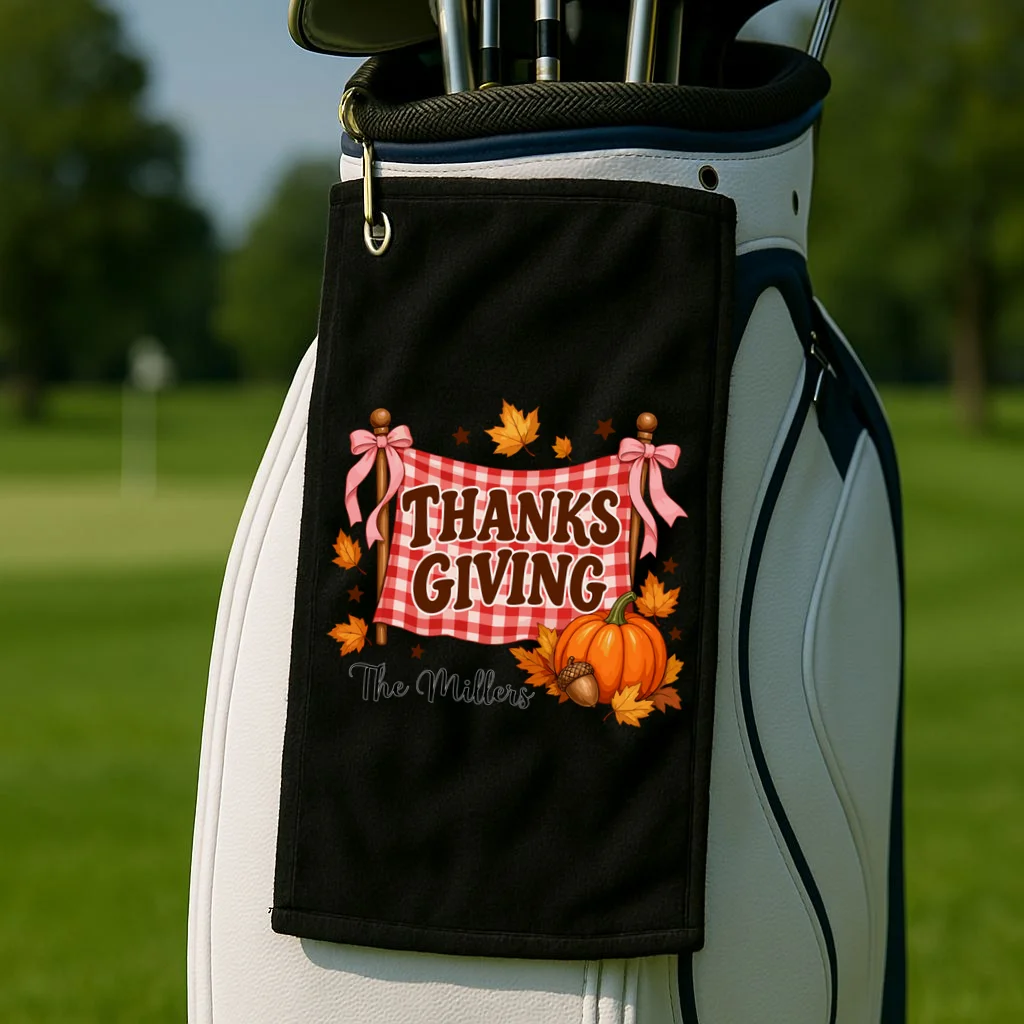 Thanksgiving Gingham Banner Personalized Family Name Gift - Rustic Pumpkin & Autumn Family Custom Design Golf Towel - Front 2