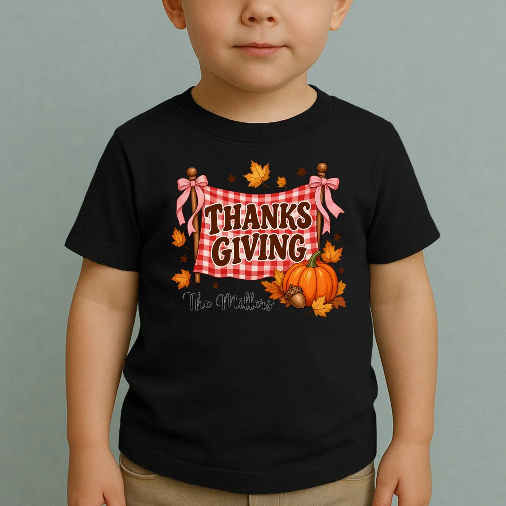 Thanksgiving Gingham Banner Personalized Family Name Gift - Rustic Pumpkin & Autumn Family Custom Design Toddler T-Shirt - Front 1
