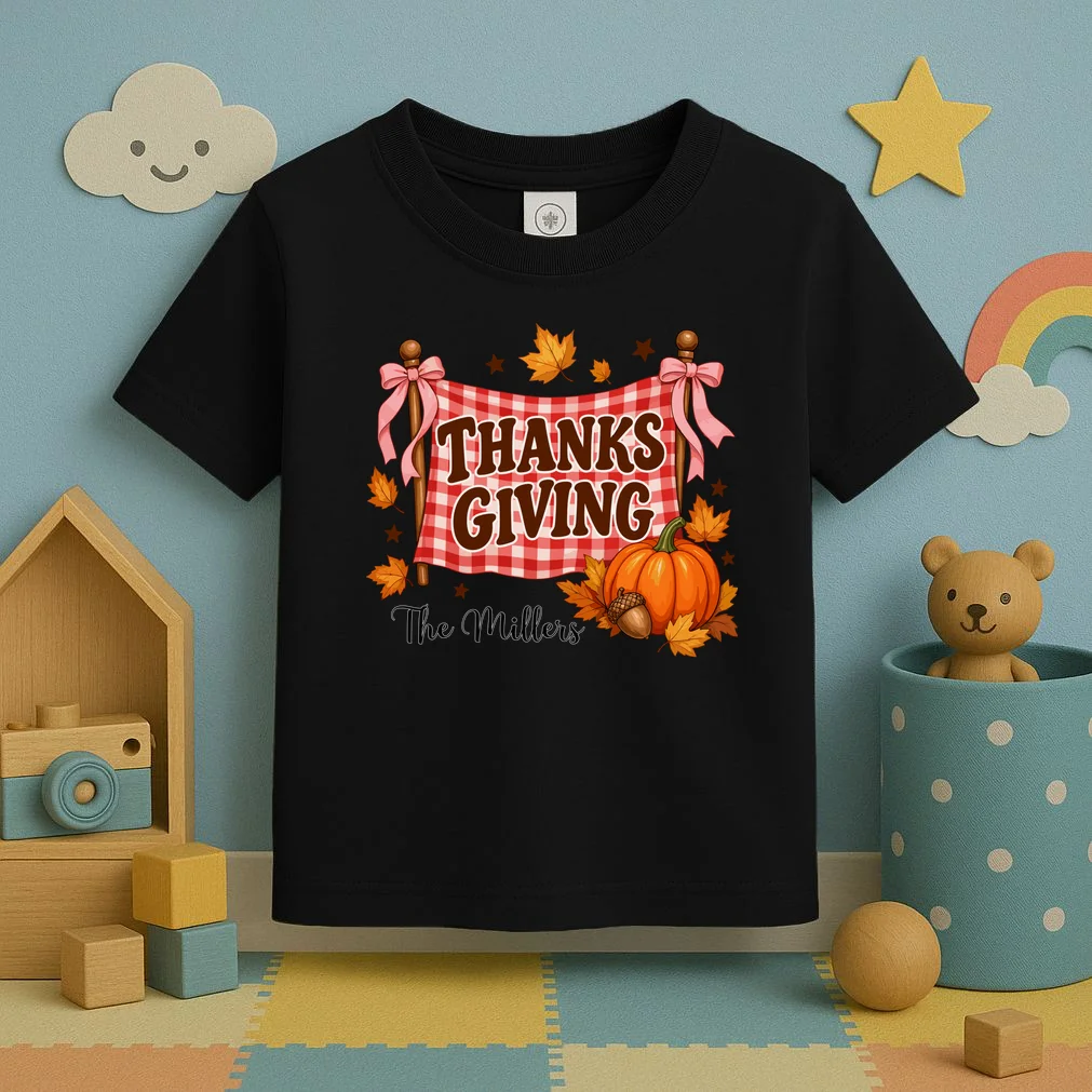 Thanksgiving Gingham Banner Personalized Family Name Gift - Rustic Pumpkin & Autumn Family Custom Design Toddler T-Shirt - Front 2