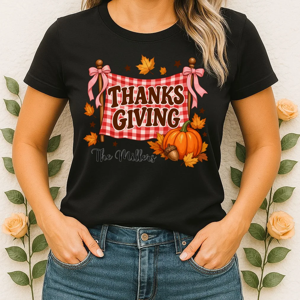 Thanksgiving Gingham Banner Personalized Family Name Gift - Rustic Pumpkin & Autumn Family Custom Design Women's T-Shirt - Front 1