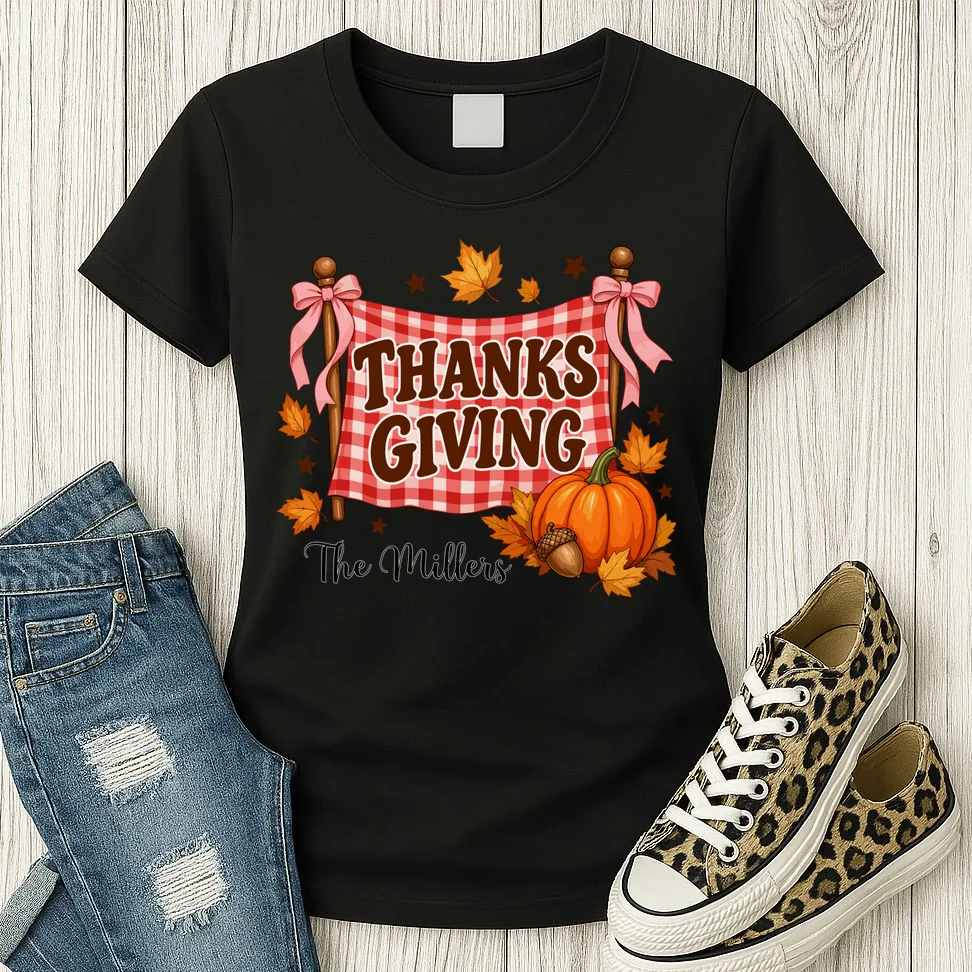 Thanksgiving Gingham Banner Personalized Family Name Gift - Rustic Pumpkin & Autumn Family Custom Design Women's T-Shirt - Front 2