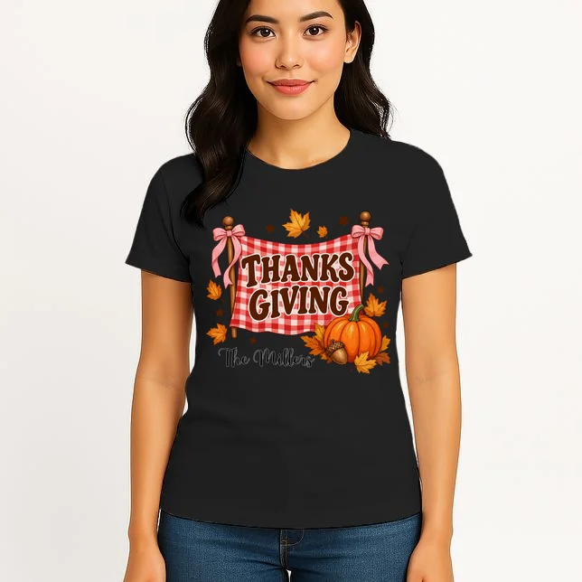 Thanksgiving Gingham Banner Personalized Family Name Gift - Rustic Pumpkin & Autumn Family Custom Design Women's T-Shirt - Front 3