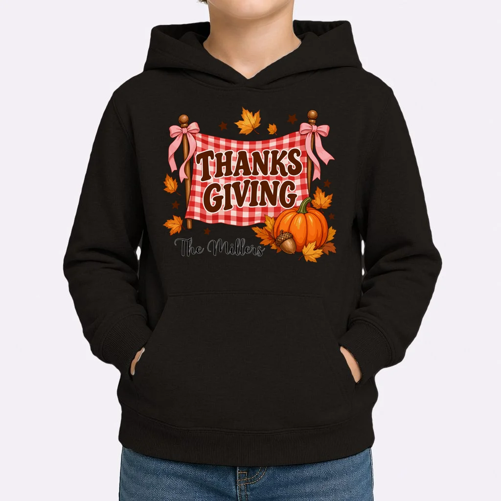 Thanksgiving Gingham Banner Personalized Family Name Gift - Rustic Pumpkin & Autumn Family Custom Design Kids Hoodie - Front 1