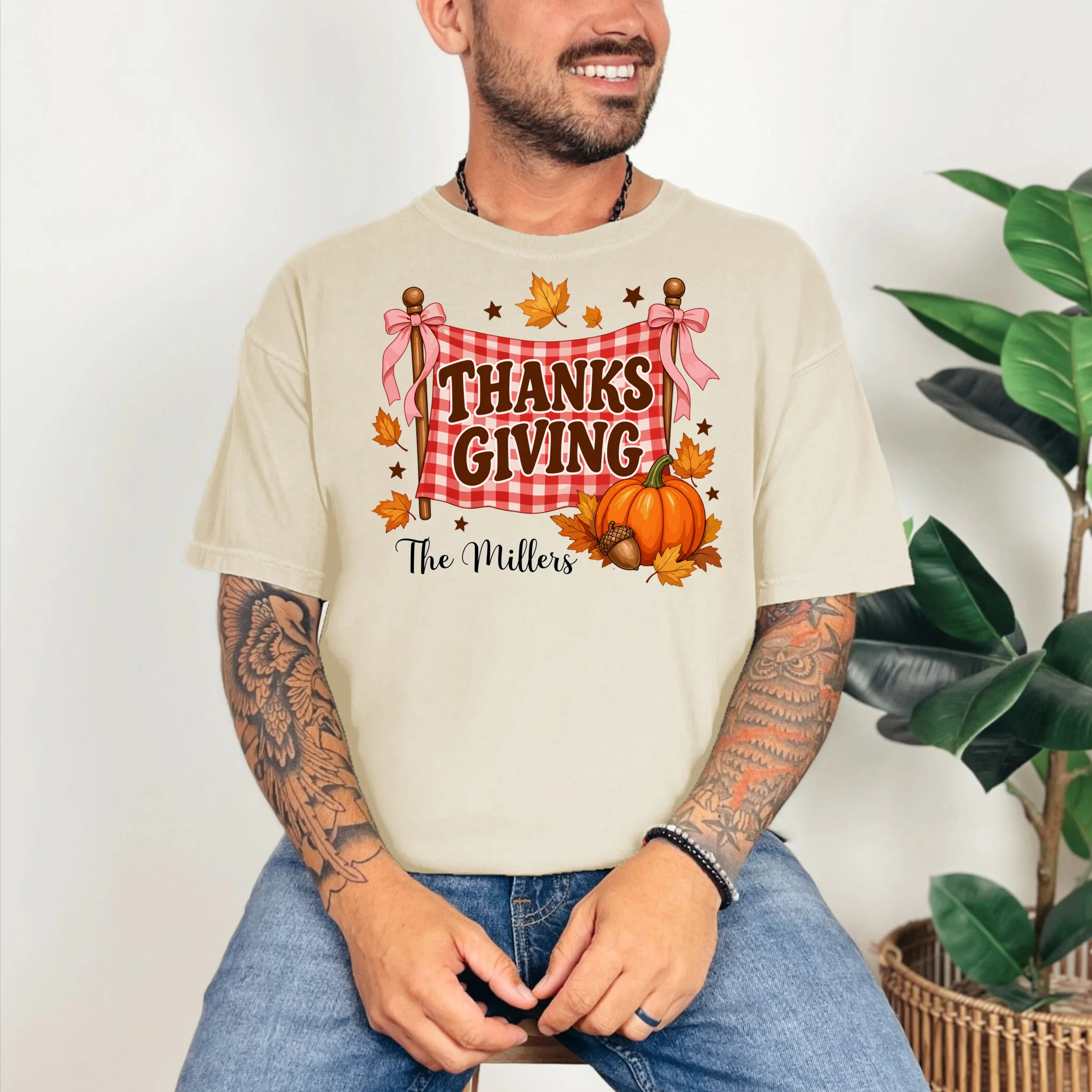 Thanksgiving Gingham Banner Personalized Family Name Gift - Rustic Pumpkin & Autumn Family Custom Design Comfort Colors Unisex T-Shirt - Front 2