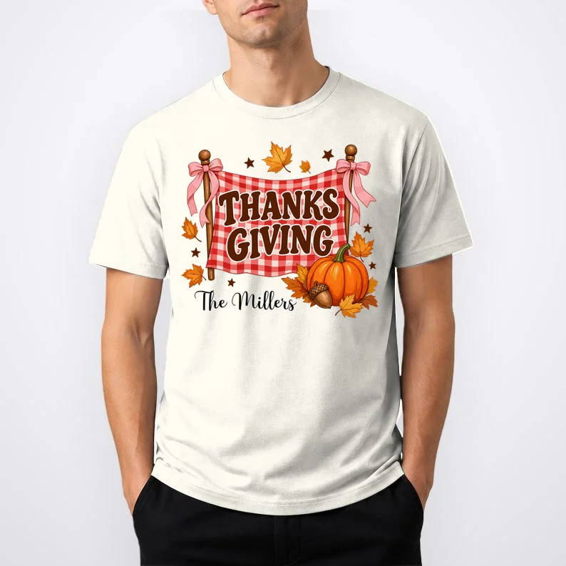 Thanksgiving Gingham Banner Personalized Family Name Gift - Rustic Pumpkin & Autumn Family Custom Design Men's T-Shirt - Front 1