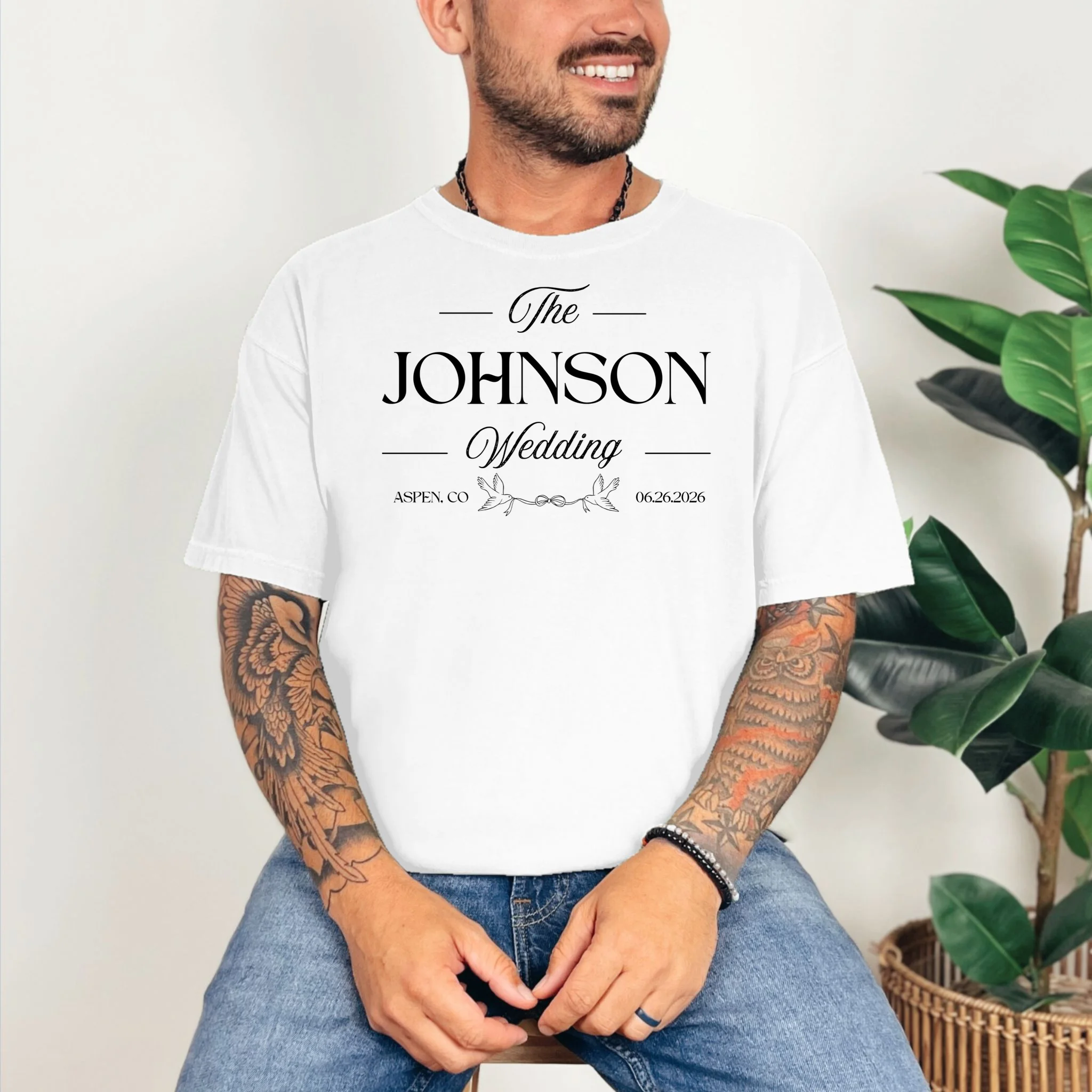 The Wedding Love Birds Name Location Data T-Shirt - Front 2
