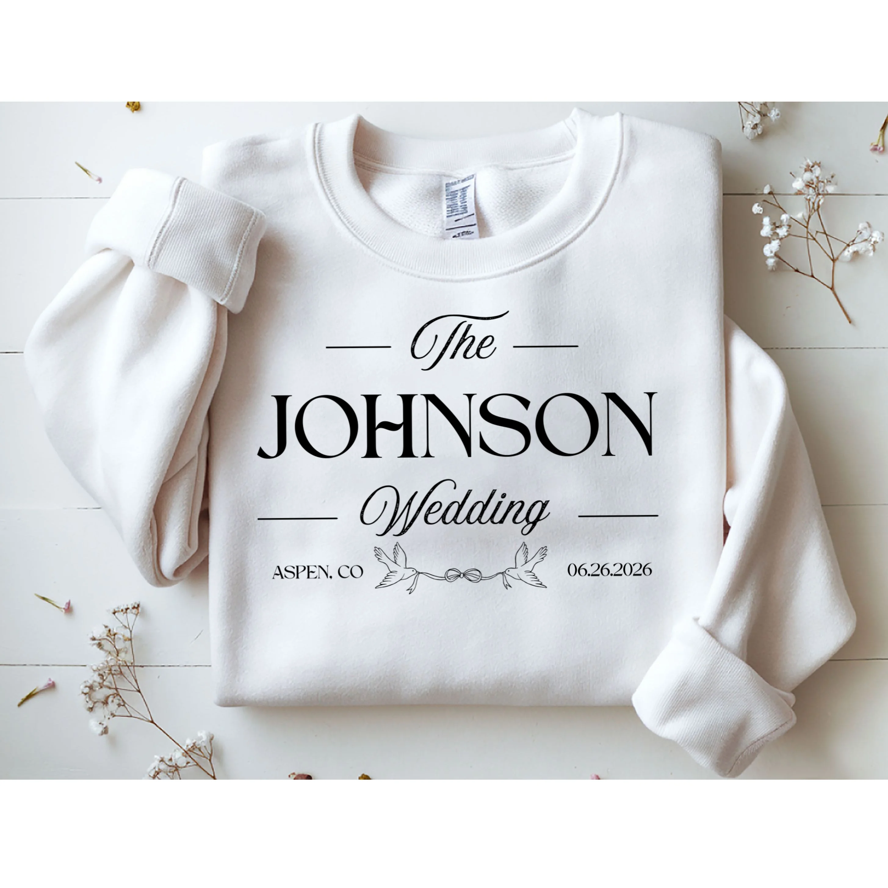 The Wedding Love Birds Name Location Data Sweatshirt - Front 1