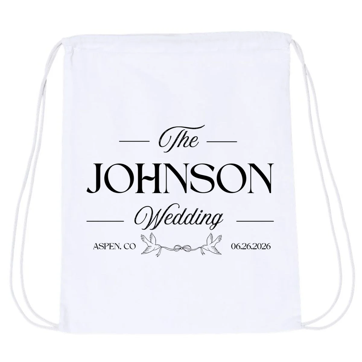 The Wedding Love Birds Name Location Data Drawstring Bag - Front