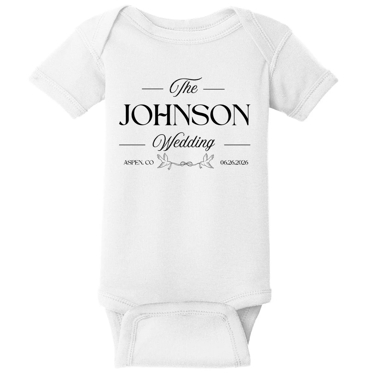 The Wedding Love Birds Name Location Data Baby Bodysuit - Front