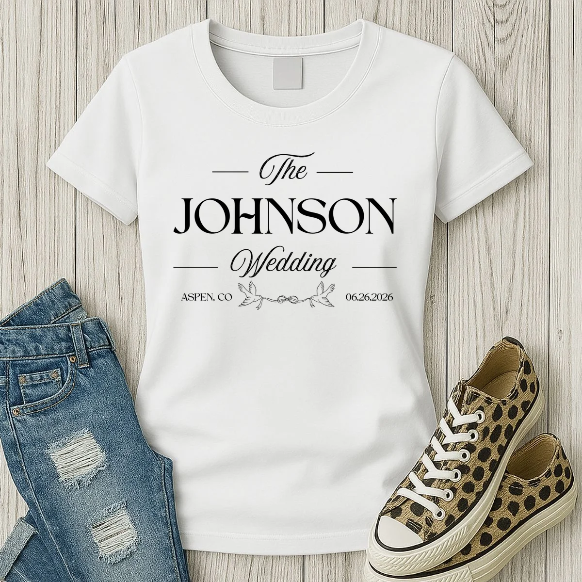 The Wedding Love Birds Name Location Data Women's T-Shirt - Front 2