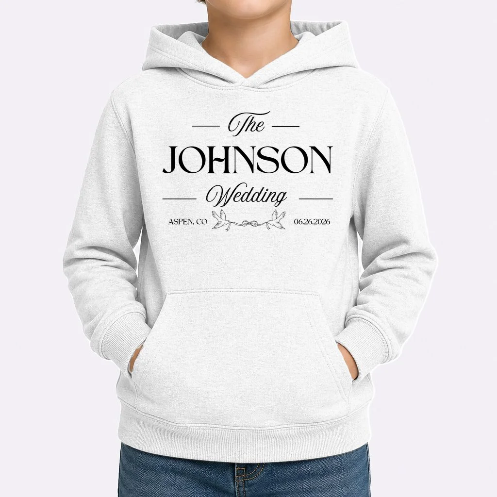 The Wedding Love Birds Name Location Data Kids Hoodie - Front 1