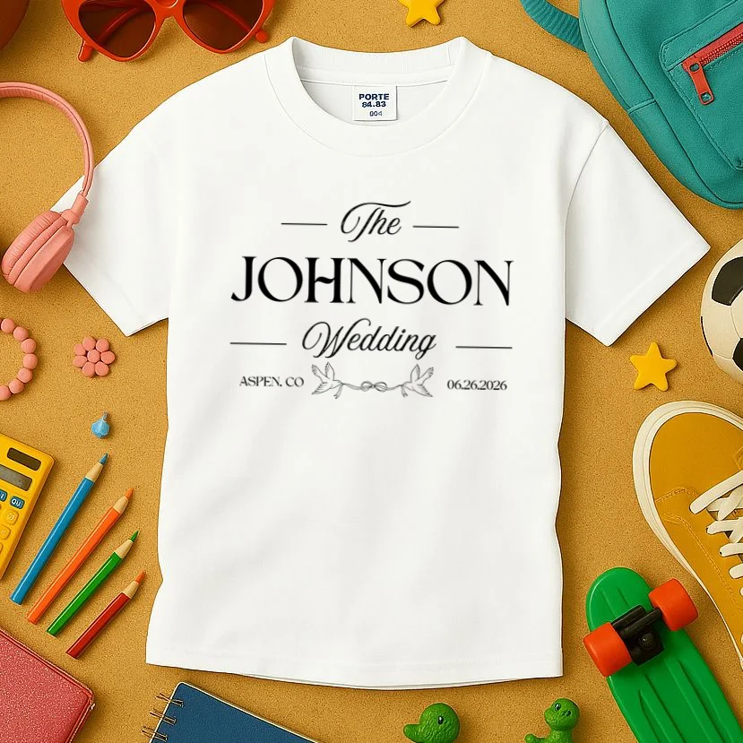 The Wedding Love Birds Name Location Data Kids T-Shirt - Front 2