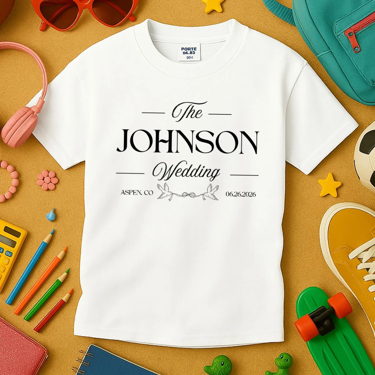 The Wedding Love Birds Name Location Data Kids T-Shirt - Front 2