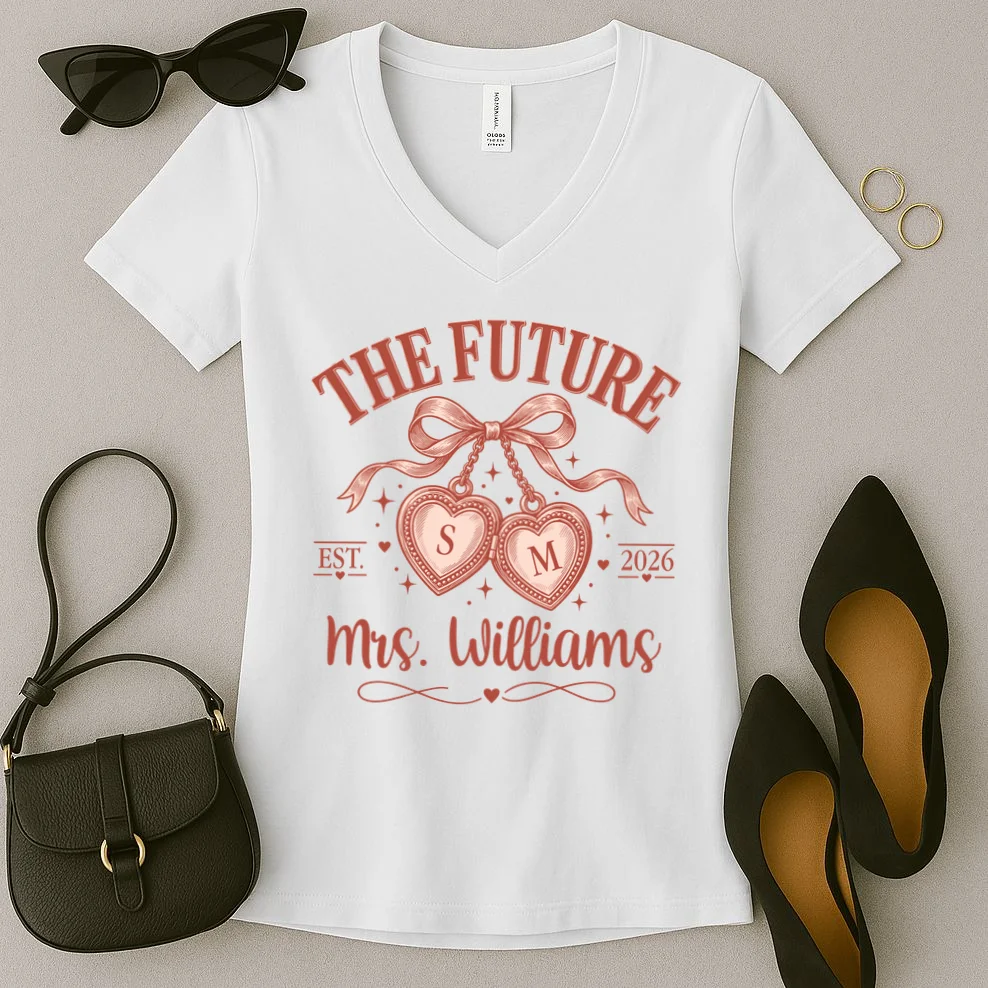 The Future Mrs Cute Custom Initials Wedding Women's V-Neck T-Shirt - Front 1