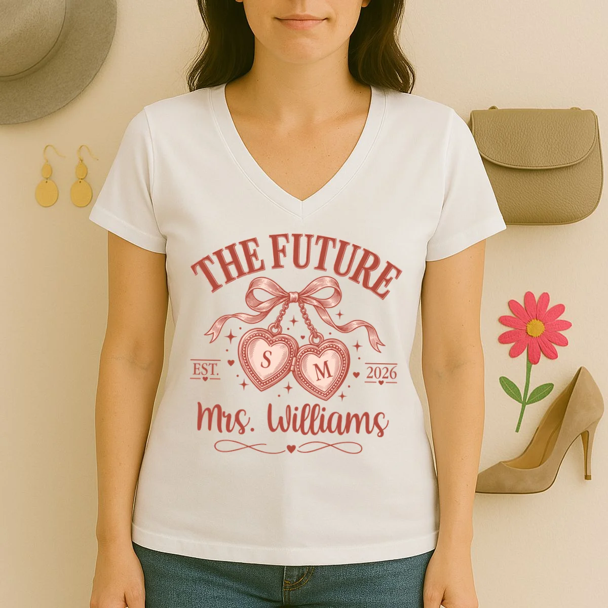 The Future Mrs Cute Custom Initials Wedding Women's V-Neck T-Shirt - Front 2