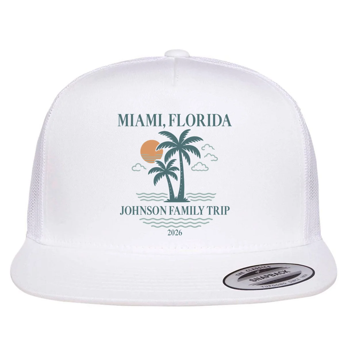 Tropical Vintage Custom Family Trip Flat Bill Trucker Hat - Front
