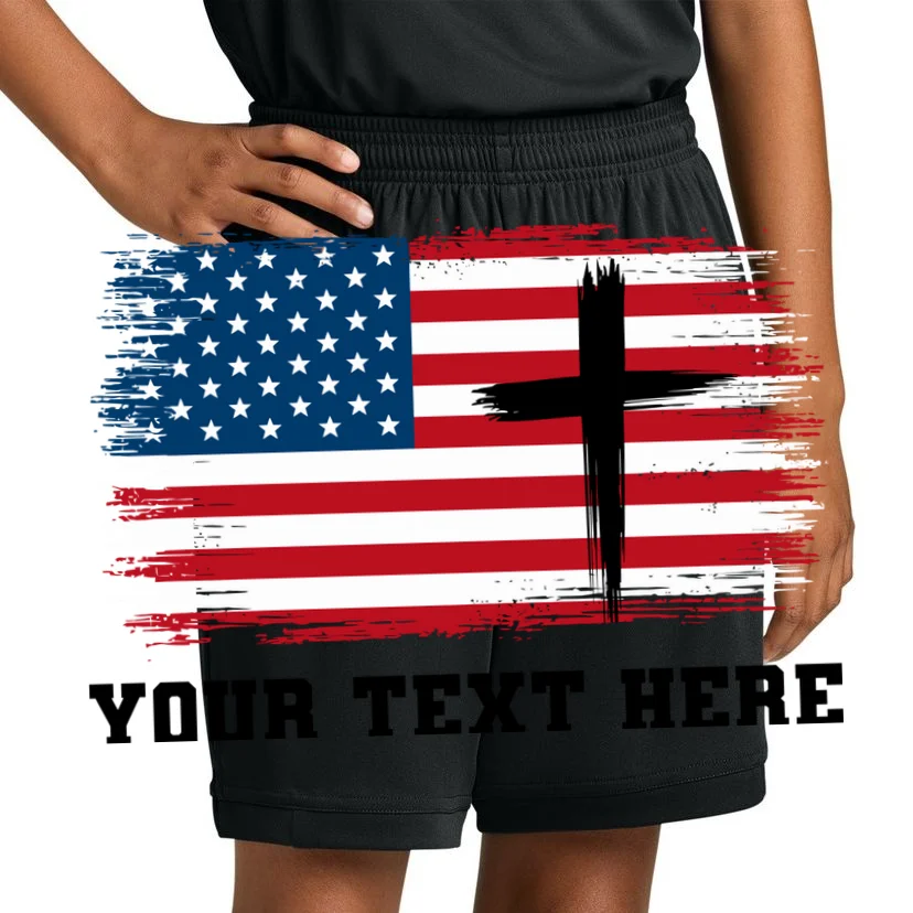 USA Flag Cross Christian Custom Personalized Text Kids Shorts - Front 1