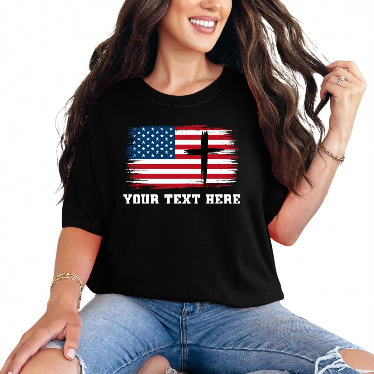 USA Flag Cross Christian Custom Personalized Text T-Shirt - Front