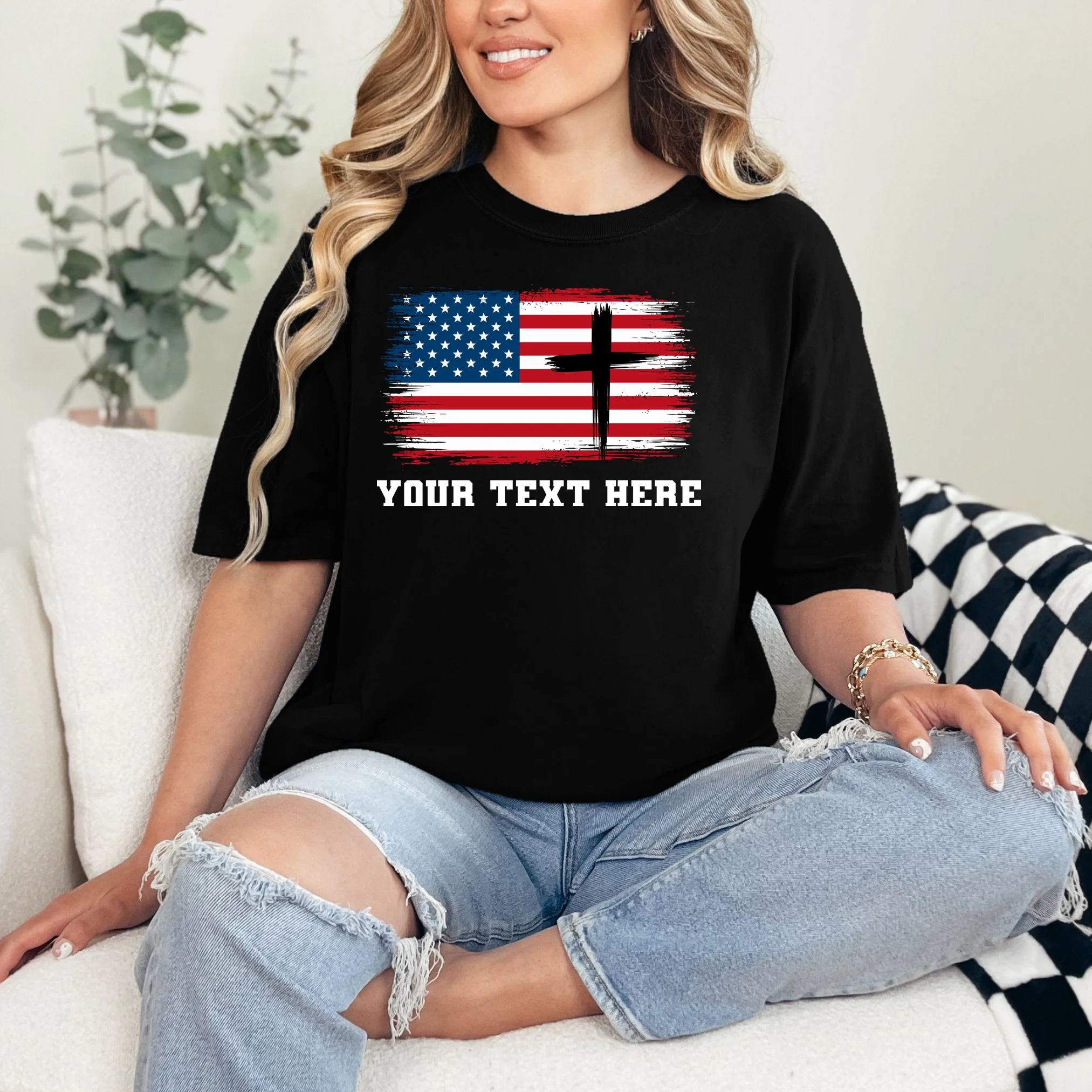 USA Flag Cross Christian Custom Personalized Text T-Shirt - Front 1