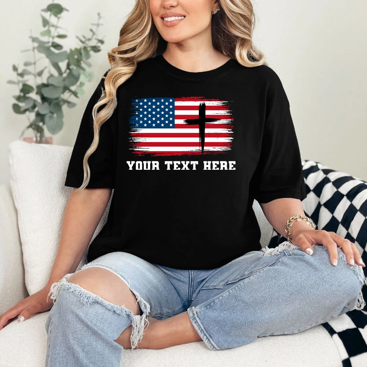 USA Flag Cross Christian Custom Personalized Text T-Shirt - Front 1
