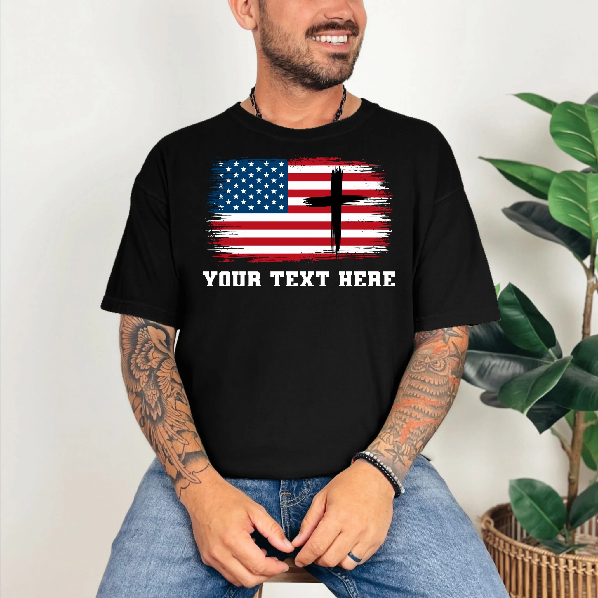 USA Flag Cross Christian Custom Personalized Text T-Shirt - Front 2