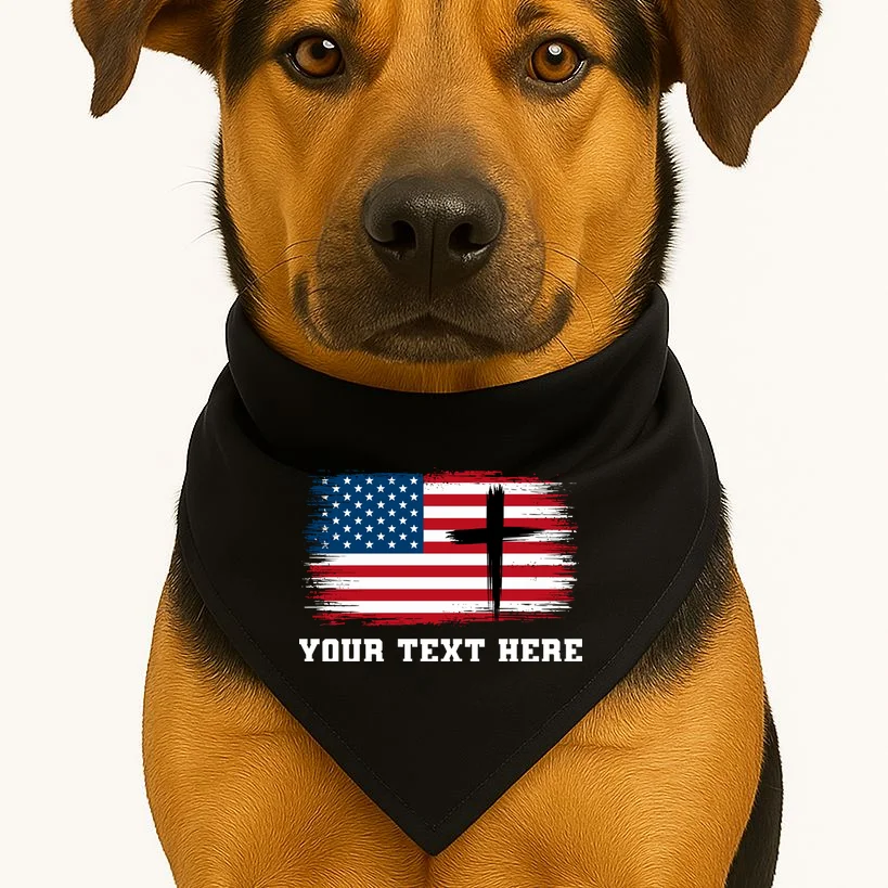 USA Flag Cross Christian Custom Personalized Text Dog Bandana - Front 1