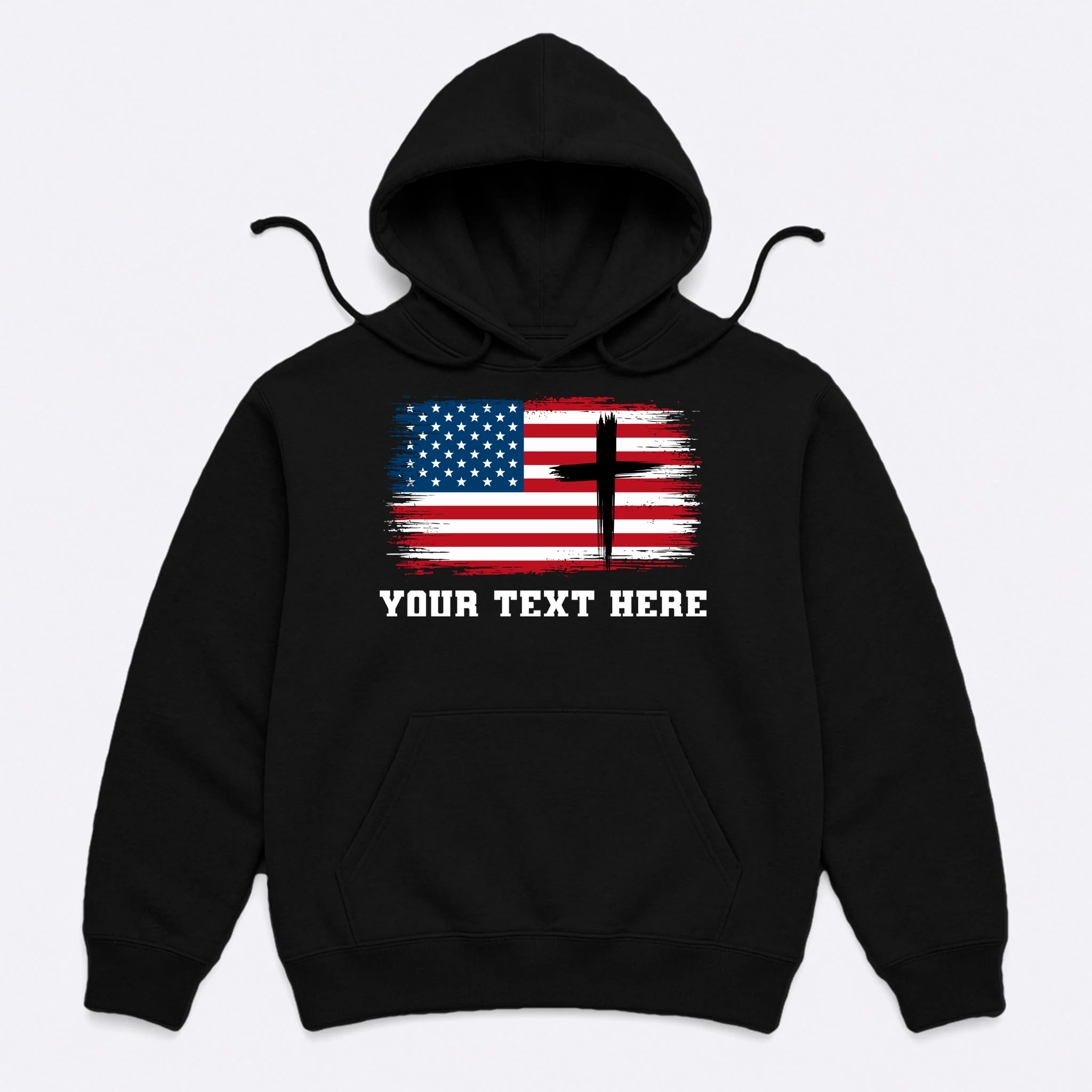 USA Flag Cross Christian Custom Personalized Text Men's Hoodie - Front
