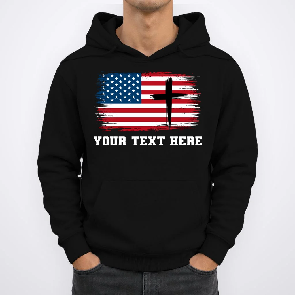 USA Flag Cross Christian Custom Personalized Text Hoodie - Front 1