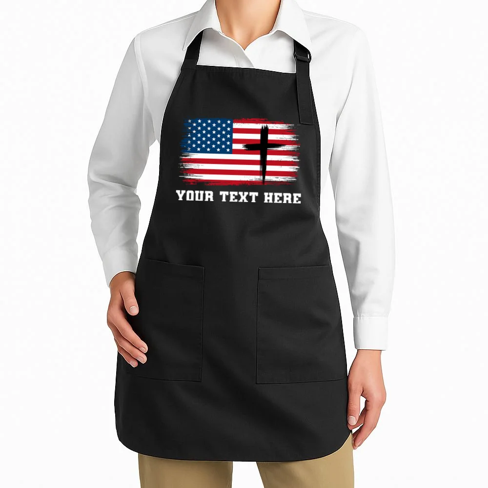 USA Flag Cross Christian Custom Personalized Text Apron - Front 1