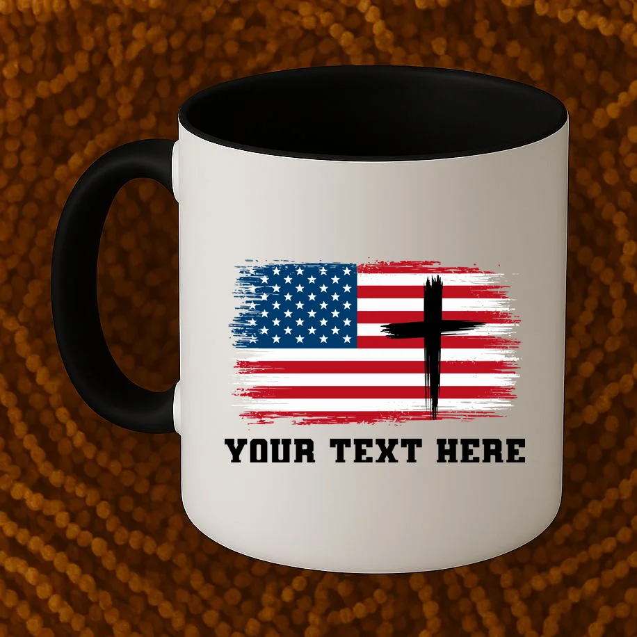 USA Flag Cross Christian Custom Personalized Text Coffee Mug - Front 1