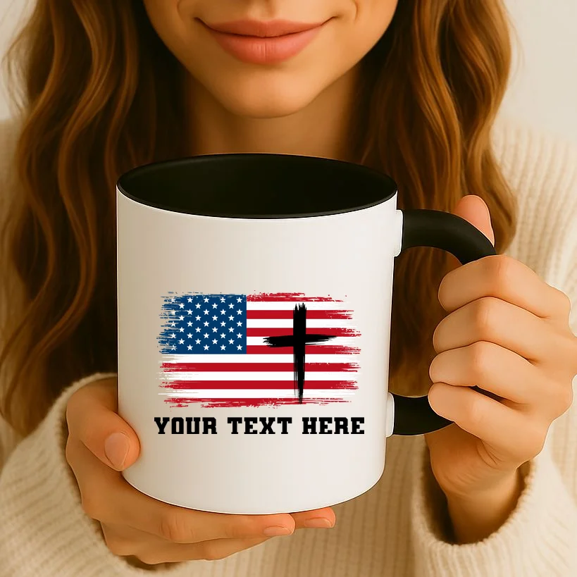 USA Flag Cross Christian Custom Personalized Text Coffee Mug - Front 2