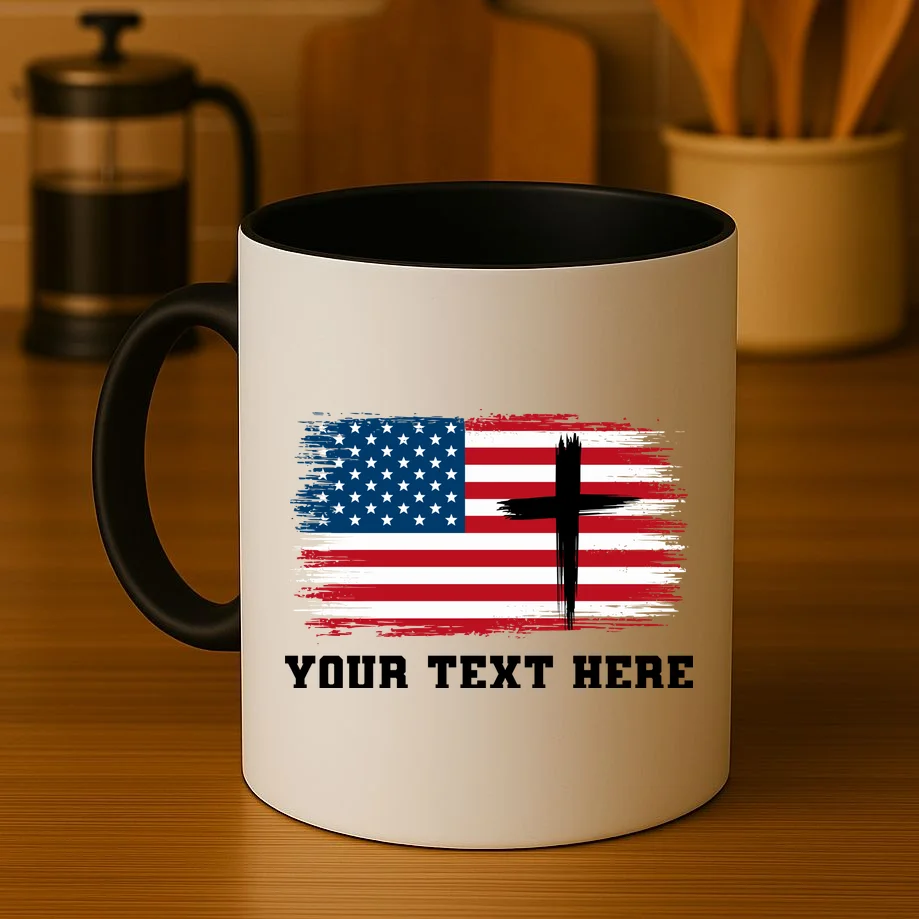 USA Flag Cross Christian Custom Personalized Text Coffee Mug - Front 3