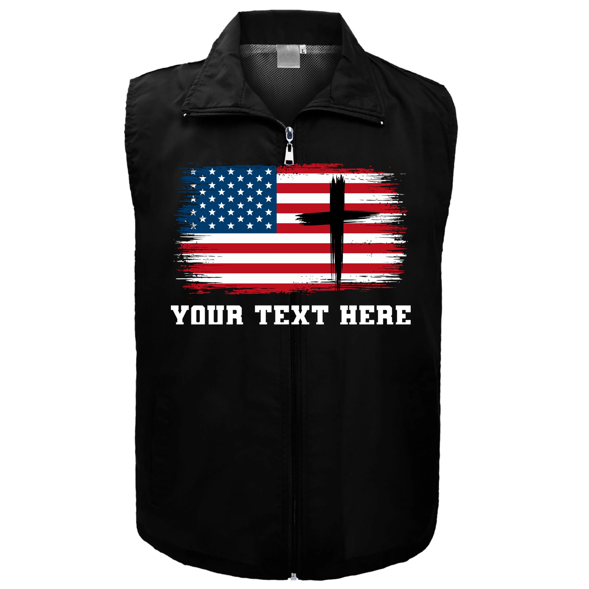 USA Flag Cross Christian Custom Personalized Text Men's Vest - Front
