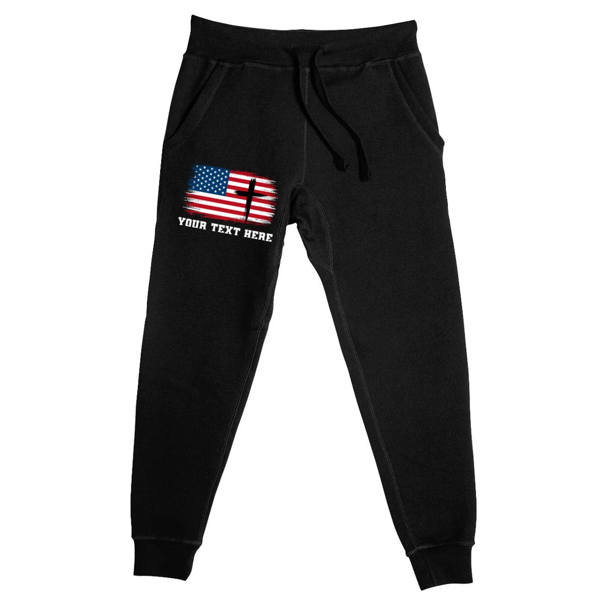 USA Flag Cross Christian Custom Personalized Text Men's Sweatpants - Front